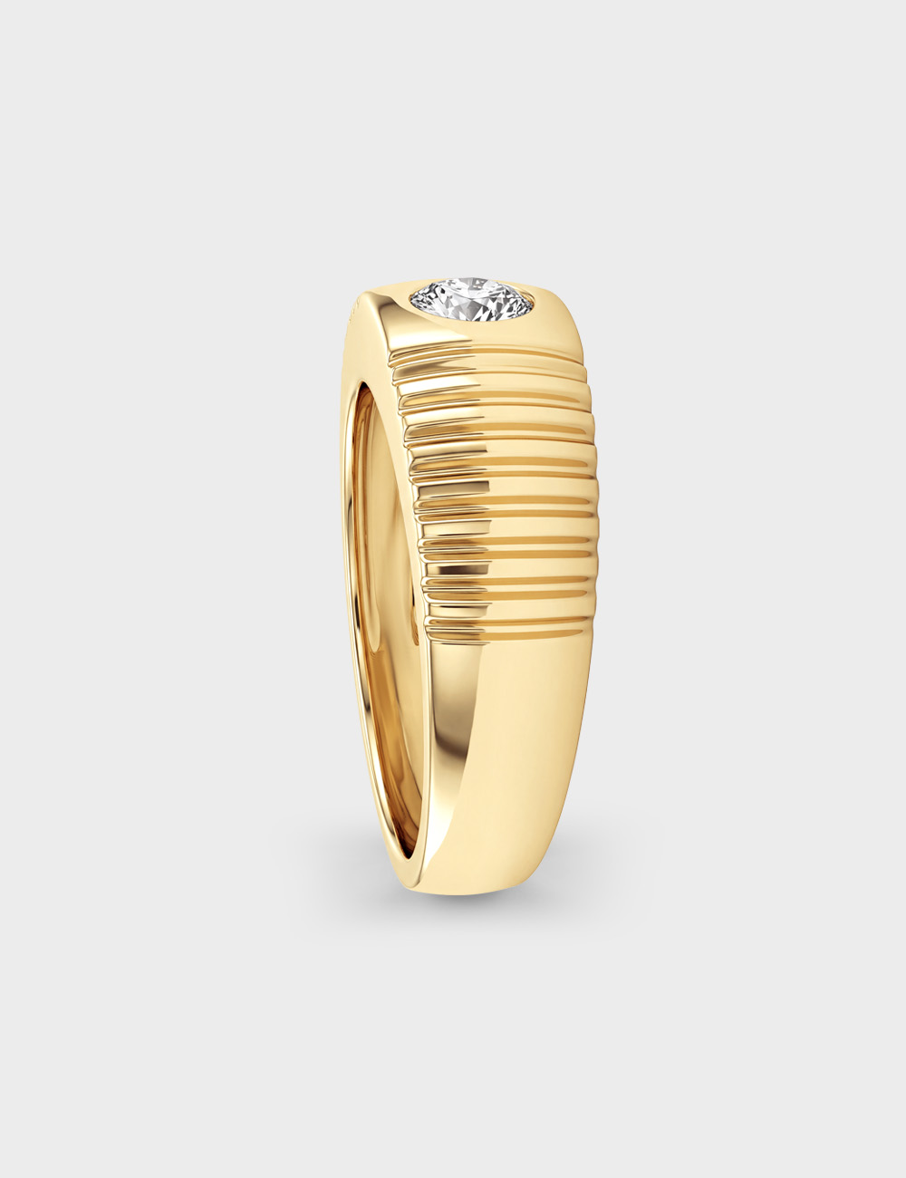 Ribbed Men's Lab Grown Solitaire Diamond Ring 0.65 Cent FG-VVS, Yellow Gold, large, image 3